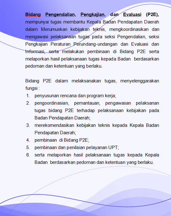 TUGAS DAN FUNGSI BIDANG PENGENDALIAN,PENGKAJIAN DAN EVALUASI (P2E) 
